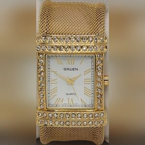 Gold Tone Mesh Women's Gruen Watch Pave Bezel Cuff Bracelet NEW BATTERY